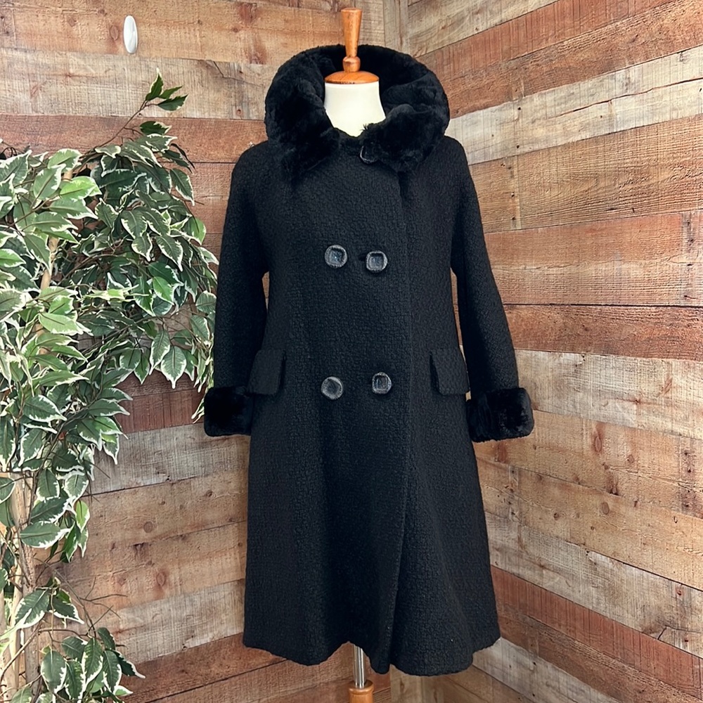 VINTAGE 1950’s Black Wool Fur Trim Swing Cocktail Double Breasted Coat